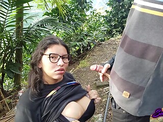 Latina With Glasses And Big Tits Gives A Blowjob Outdoors