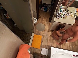 Girl Deep Sucks Cock In The Bathroom Fucks In Different Poses And Receives Cumshot On Pussy